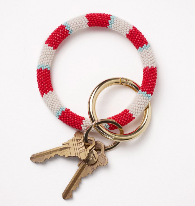 Chloe Beaded Key Ring | Red/Lt Blue Stripe