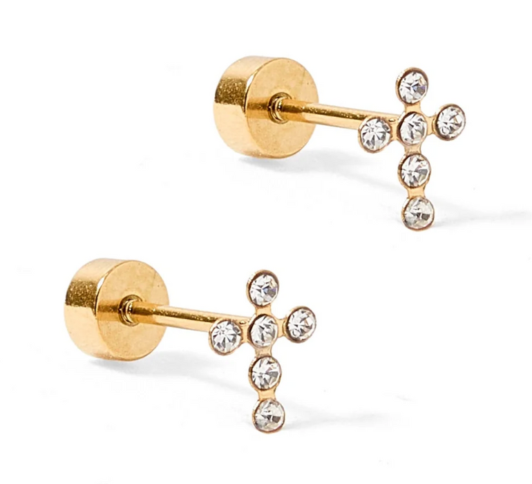 Clara Cross Gold CZ Stud Earrings