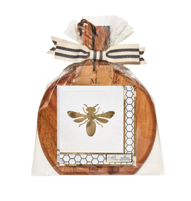 9.75" x 8" Acacia Board w/Honeybee Cocktail Napkins