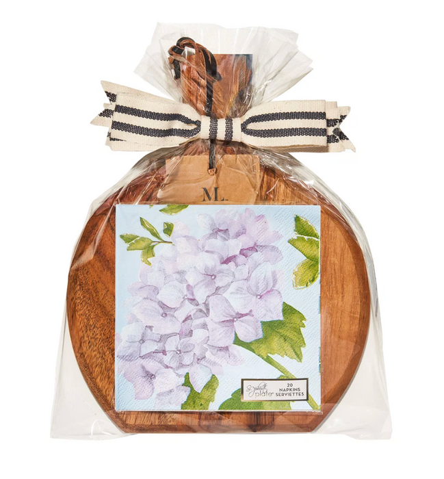 9.75" x 8" Acacia Bevel Board w/Hydrangea Cocktail  Napkins