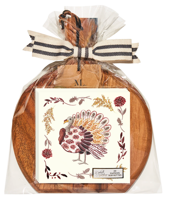 9.75" x 8" Acacia Board w/Turkey Cocktail Napkins