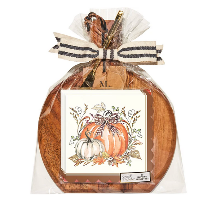 9.75" x 8" Acacia Board w/Pumpkin Cocktail Napkins