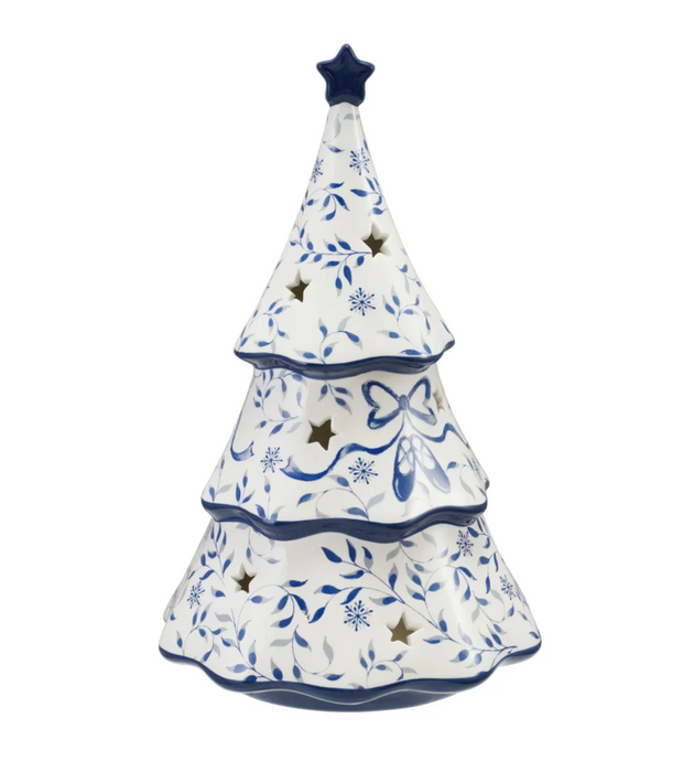 Lit White & Blue Ceramic Tree w/Cut Out Stars