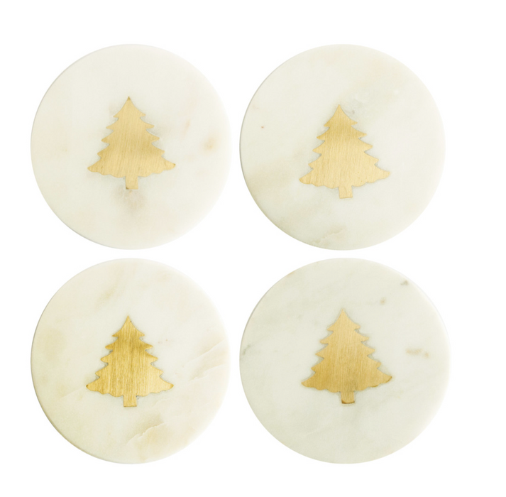 Brass Tree Inlay Marble Coaster Set