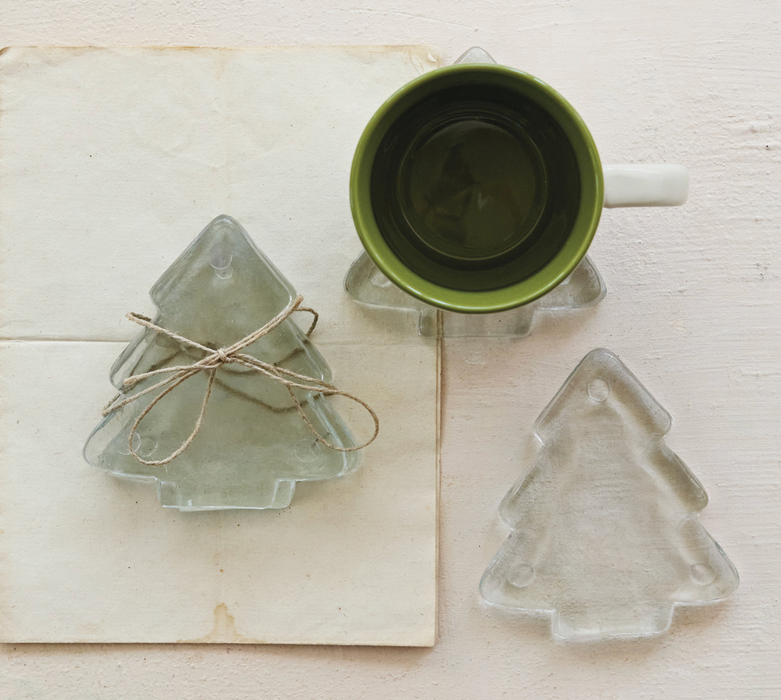 Pressed Glass Tree Shaped Coasters, Set of 4 Tied with Jute