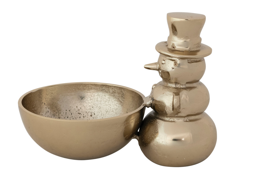 Gold Cast Aluminum Snowman Holding Bowl