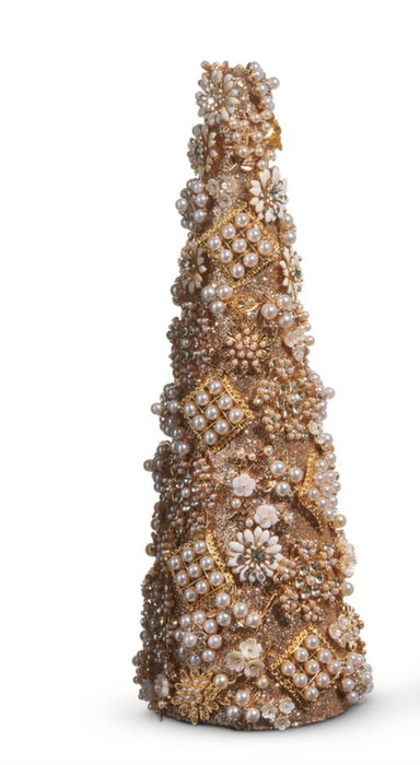 13" Gold Jewel and Pearl Brooch Cone Tree