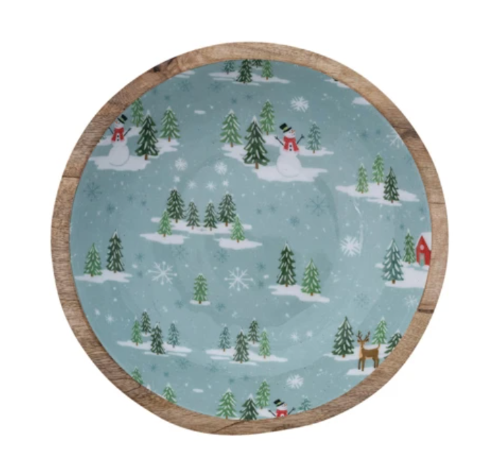 10" Blue Tree Enameled Mango Wood Bowl