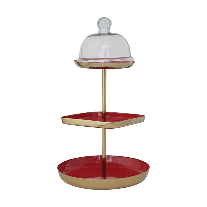 Gold & Red 3-Tier Tray with Glass Cloche