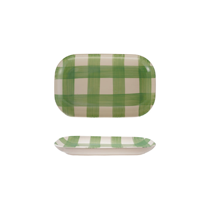 Hand-Painted Stoneware Platter with Green & White Plaid Pattern