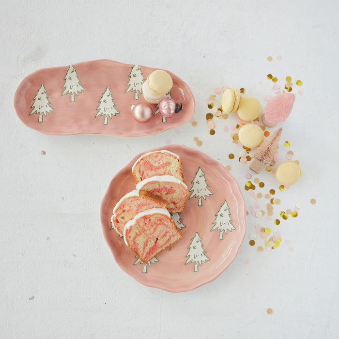 Pink Plate with White and Green Trees