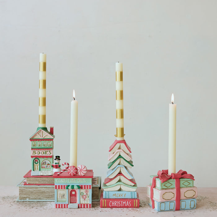 Stacked Merry Christmas Book Tree Taper Holder
