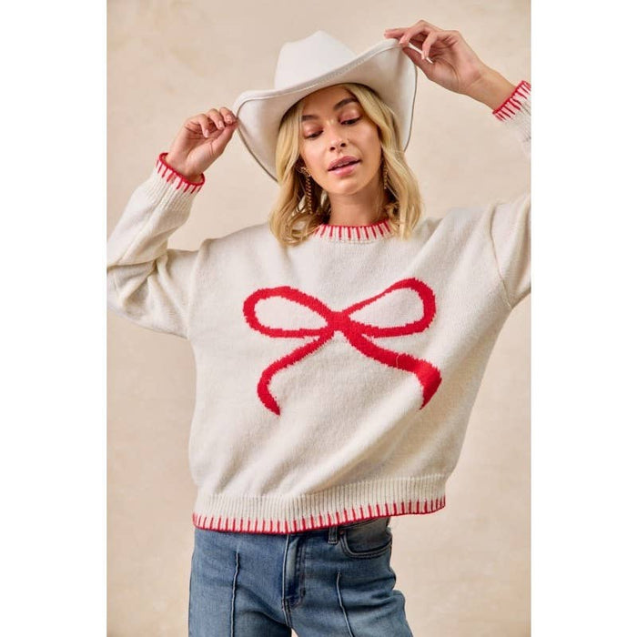 Ivory Bow Drop Shoulder Sweater