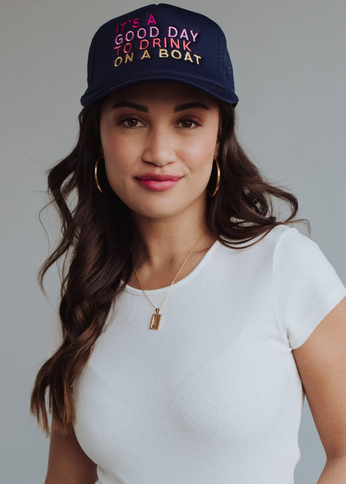 Navy Drink On A Boat Trucker Hat