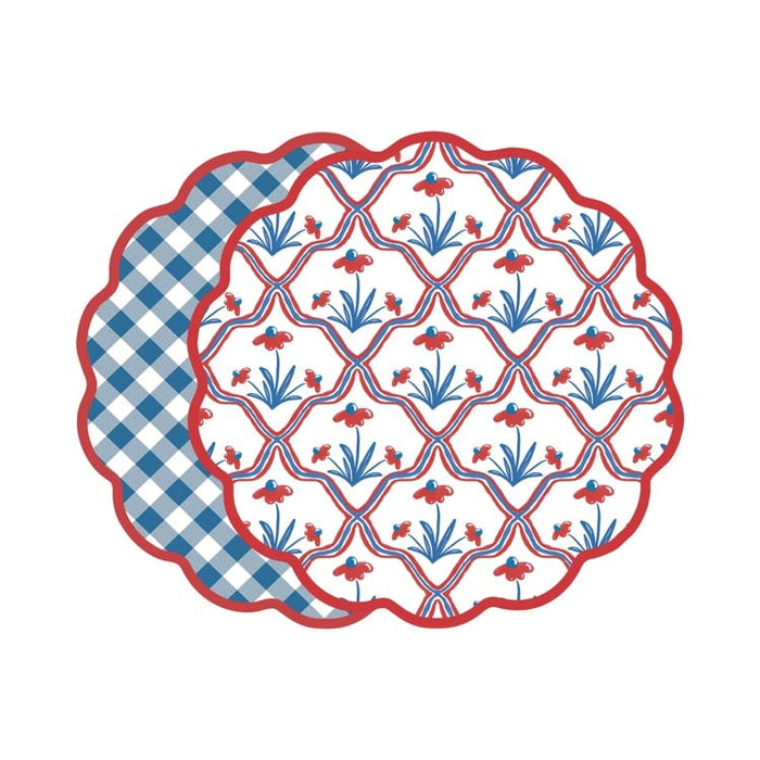 VIDA Americana Floral and Gingham Reversible Placemats Set of 4 (Red & Blue)