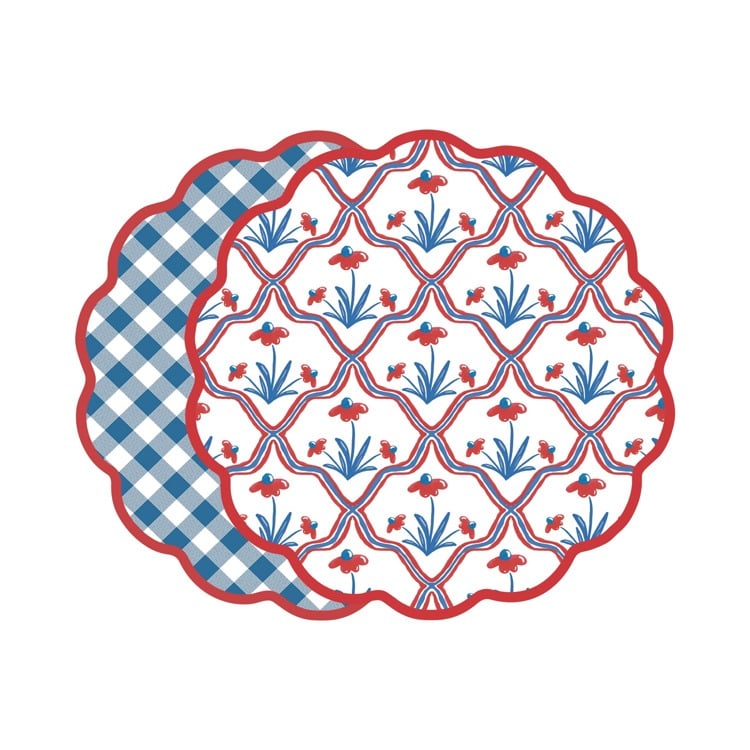 VIDA Americana Floral and Gingham Reversible Placemats Set of 4 (Red & Blue)