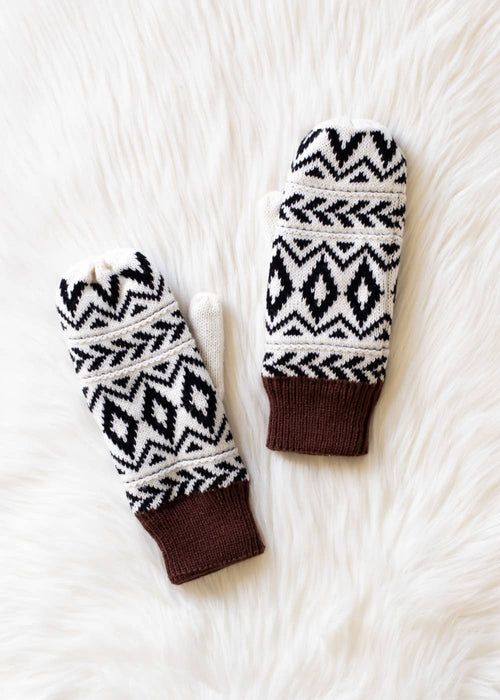 Ivory & Black Patterned Mittens