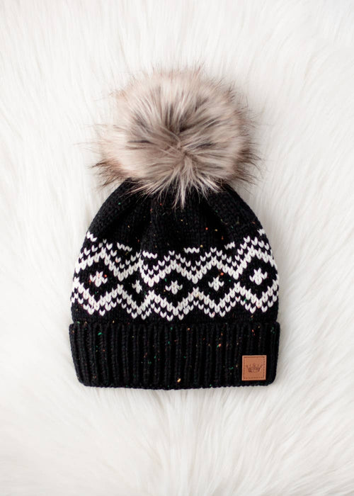 Black Patterned Pom Hat