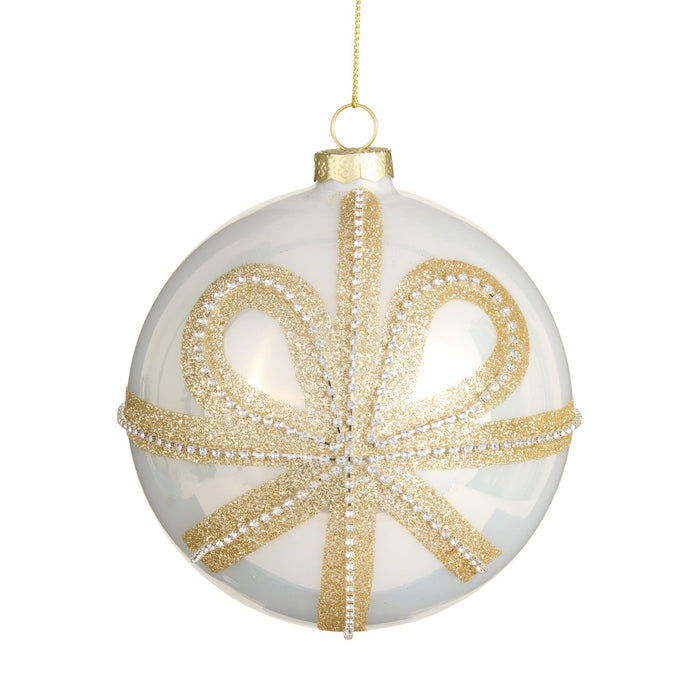 5 Gold Bow White Ball Ornament