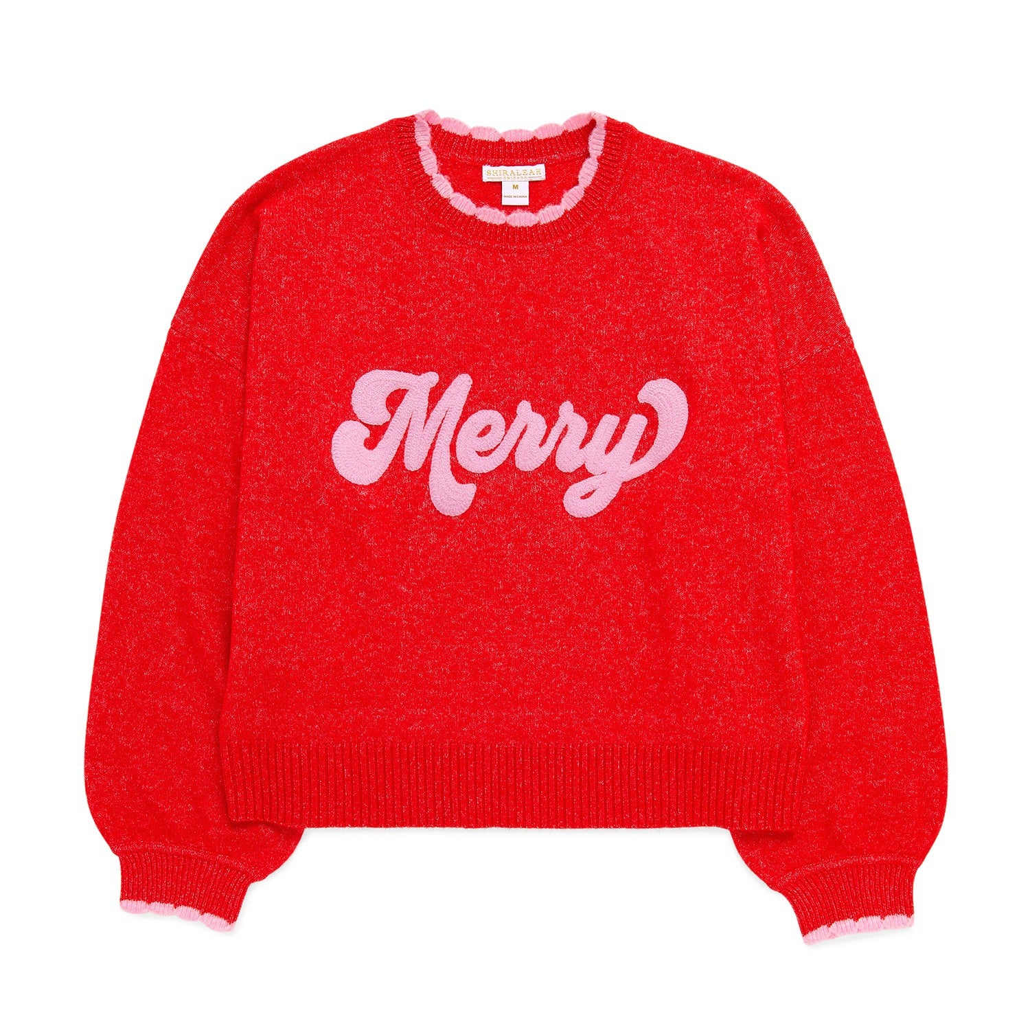 ASST/8 "MERRY" SCALLOP TRIM RELAXED SWEATERS,RED