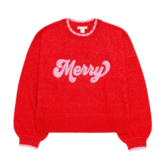 ASST/8 "MERRY" SCALLOP TRIM RELAXED SWEATERS,RED