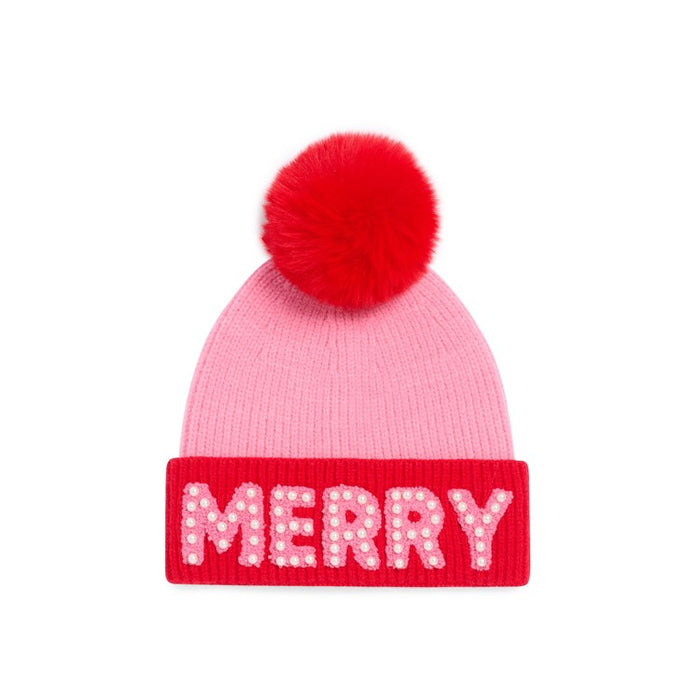"MERRY" BEANIE WITH PEARLS,PINK