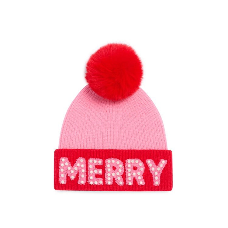 "MERRY" BEANIE WITH PEARLS,PINK