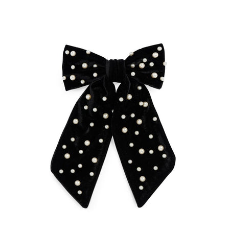VELVET AND PEARLS BOW CLIP,BLACK
