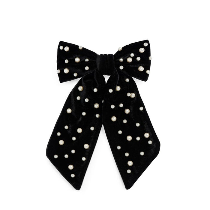 VELVET AND PEARLS BOW CLIP,BLACK