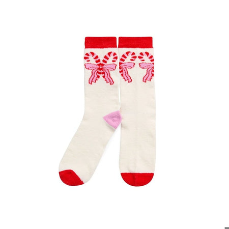 CANDY CANE BOW SOCKS,IVORY