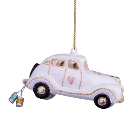Ornament glass wedding car wtext just married H1.75"