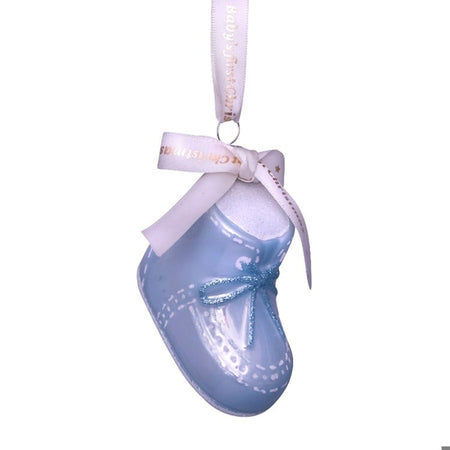 Ornament glass blue baby's first Christmas shoe H2.25"