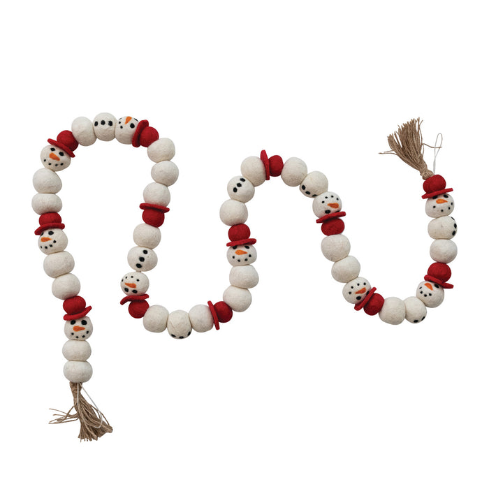 72"L x 1-1/2"H Handmade Wool Felt Snowman Garland with Jute Tassels