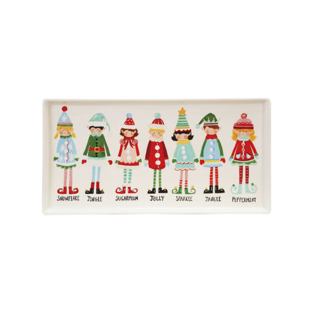 13"L x 6-1/2"W Stoneware Platter with Santa's Elves, Multi Color ©