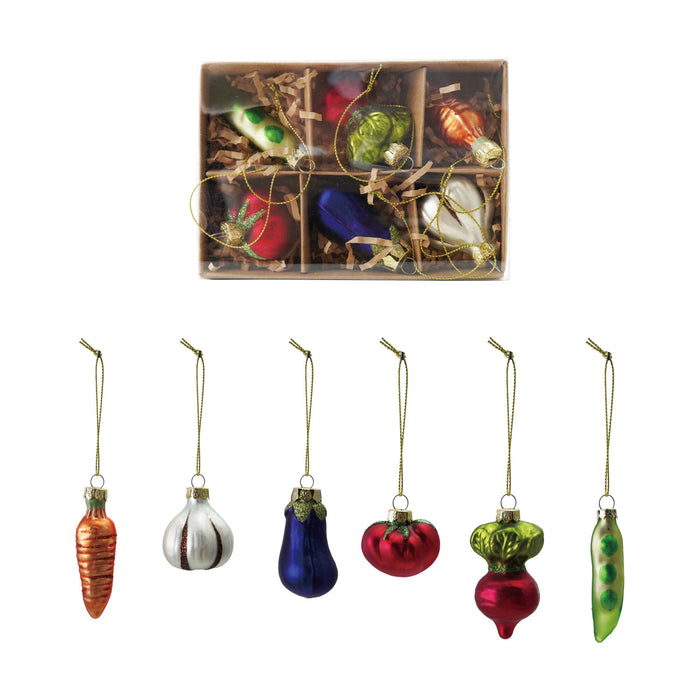 Glass Vegetable Ornaments with Glitter, Boxed Set of 6