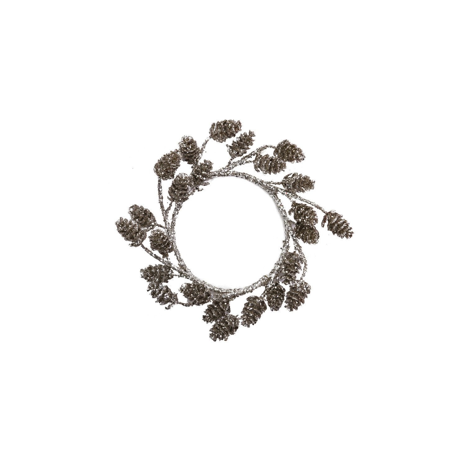 7" Round Plastic Pinecone Wreath with Glitter, Pewter Finish