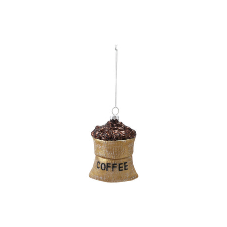 Glass Coffee Bean Sack Ornament with Glitter, Gold Finish & Brown