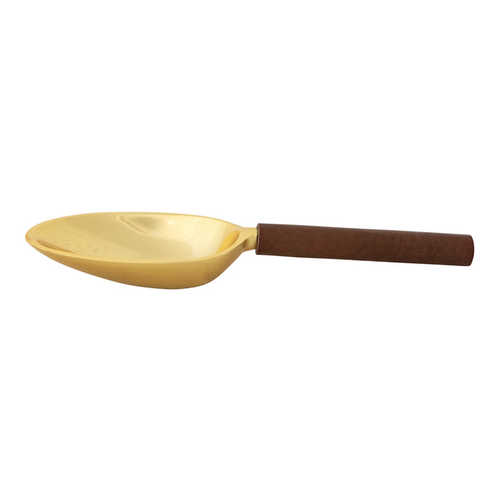 Aluminum Scoop with Leather Wrapped Mango Wood Handle, Gold Finish & Cognac Color