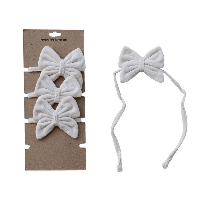 Cotton Velvet Bow Napkin Ties, White, Set of 4 on Card