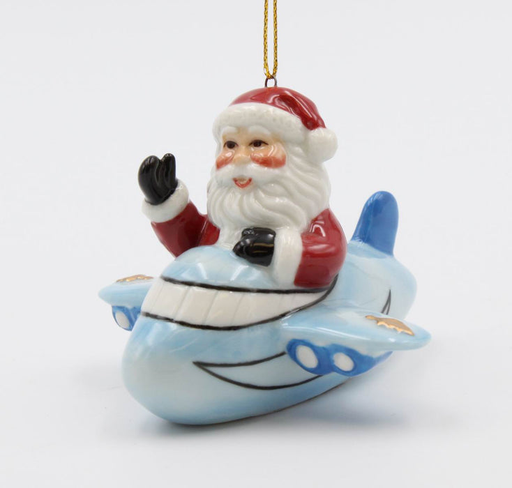 Blue Airplane Santa Ornament