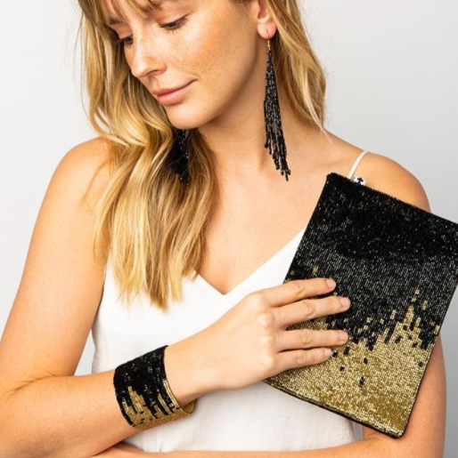 Beaded Clutch - Black w/Gold