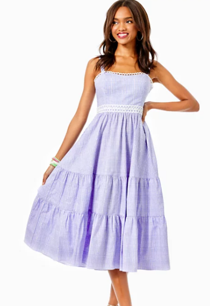 OLIVET STRETCH MIDI DRESS - LILAC GINGHAM