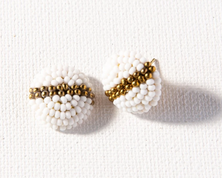 Beaded Button Post - White and Gold (PSER0201WH)