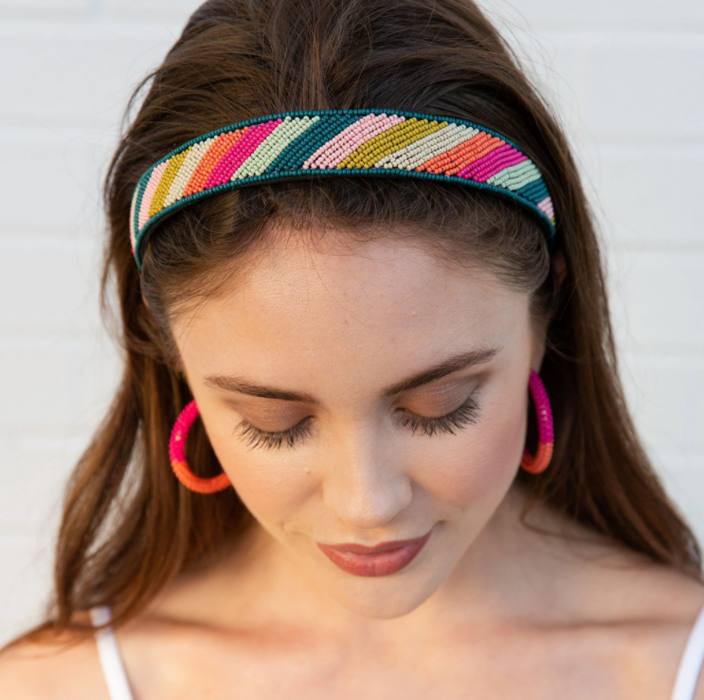 Beaded Headband - Pink Citron Diagonal Stripe (SBHA0301RA)