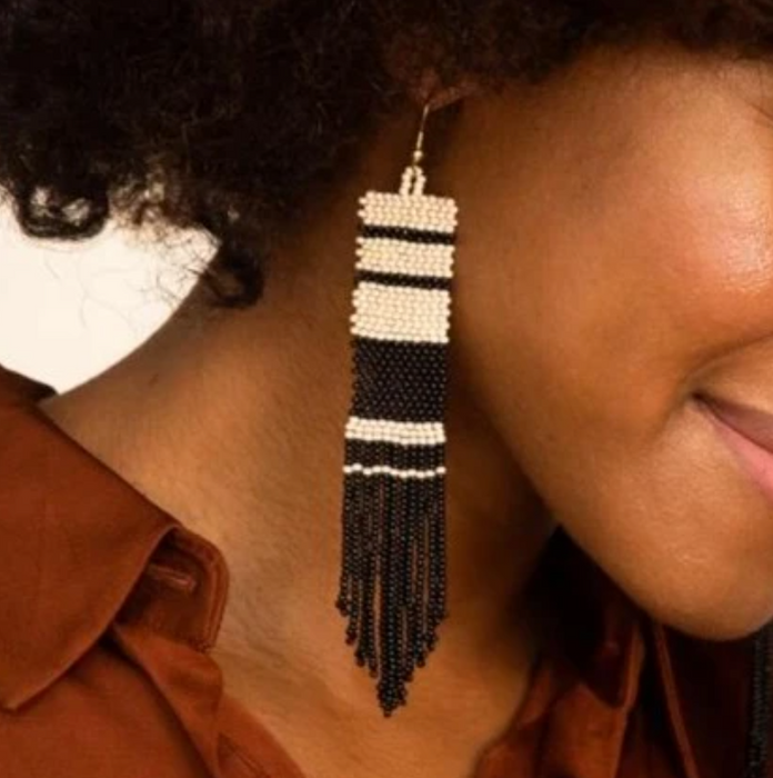 Beaded 5" Fringe Earring - Black and Ivory Stripe (SBER0701BW)