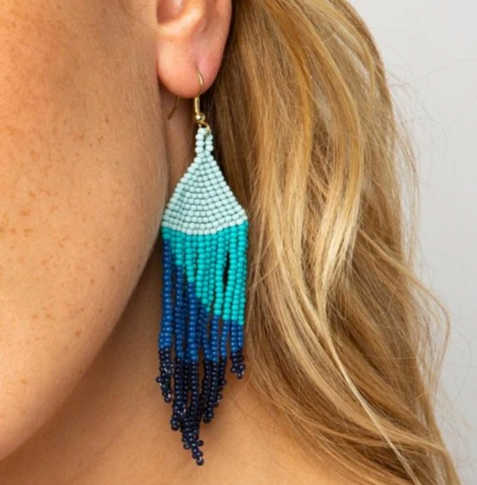 Beaded 4" Fringe Earring - Blue Ombre (SBER1901LA)