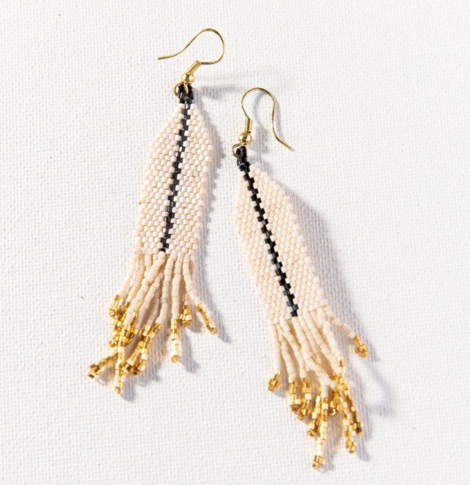 Beaded 3.75" Fringe Earring -  Ivory with Black Stripe (LXER0201)