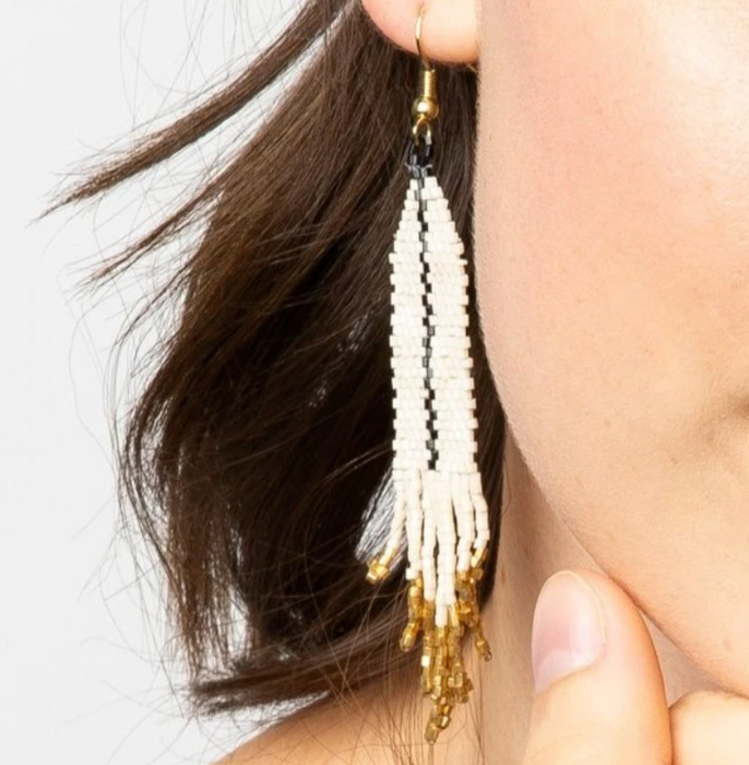 Beaded 3.75" Fringe Earring -  Ivory with Black Stripe (LXER0201)