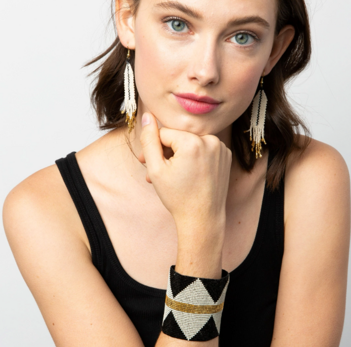Beaded 3.75" Fringe Earring -  Ivory with Black Stripe (LXER0201)