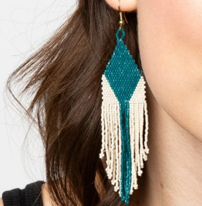 Beaded 4.25" Fringe Earring - Peacock Diamond (LXER0913)